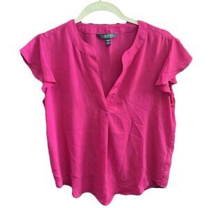 Lauren Ralph Lauren Women's Flutter Sleeve Top Blouse Hot‎ Pink V Neck Size PM